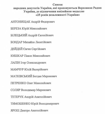Кабмин представил список депутатов, которые получат медали к юбилею Независимости Украины
