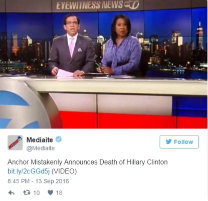 Ведущий американского канала по ошибке объявил о смерти Хиллари Клинтон