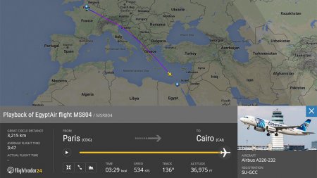В интернете выложили маршрут пропавшего лайнера EgyptAir. ФОТО