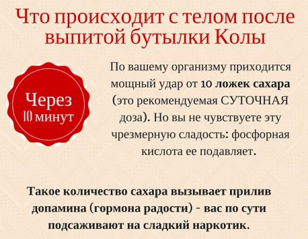 Что бутылка колы делает с организмом за час. Инфографика